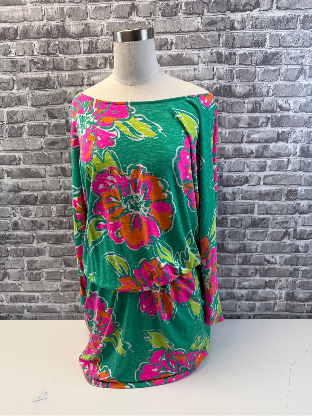 Lilly PulitzerGreen‎ Floral Off-Shoulder dress- Bright Pink & Orange Flowers